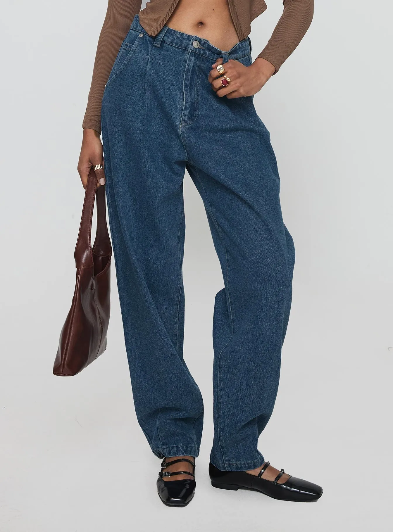 City Look Forestier Mid Rise Barrel Leg Pin Tuck Jeans Mid Blue