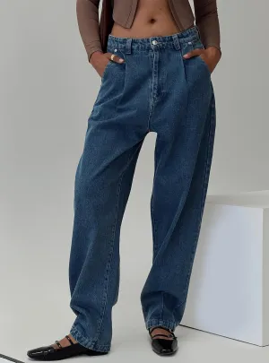 Weekend Warrior Earthy Forestier Mid Rise Barrel Leg Pin Tuck Jeans Mid Blue