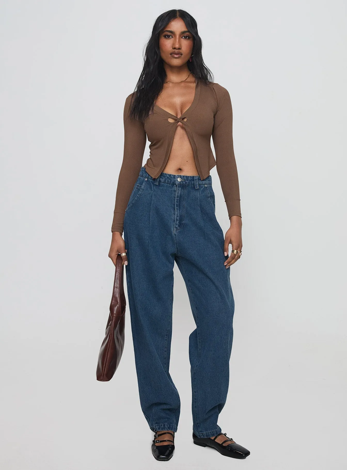 Distressed Details City Approved Forestier Mid Rise Barrel Leg Pin Tuck Jeans Mid Blue