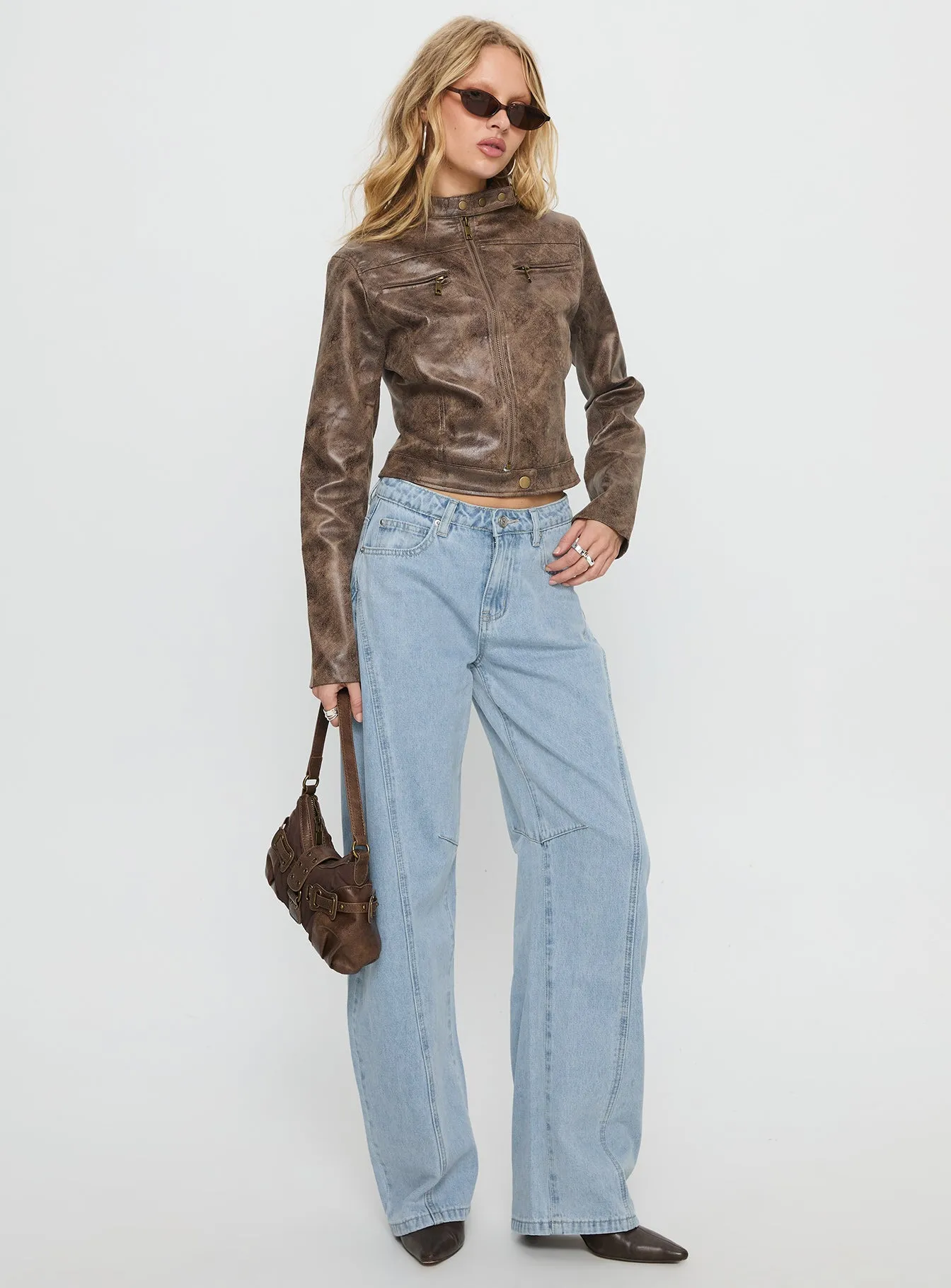 Lost Track Mid Rise Barrel Leg Jeans Ice Wash Minimal Wear