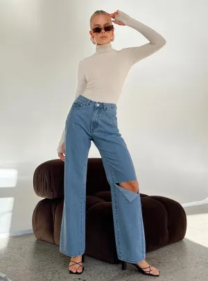 Compact Weave Technology Sevina Wide Leg Denim Jeans Mid Wash