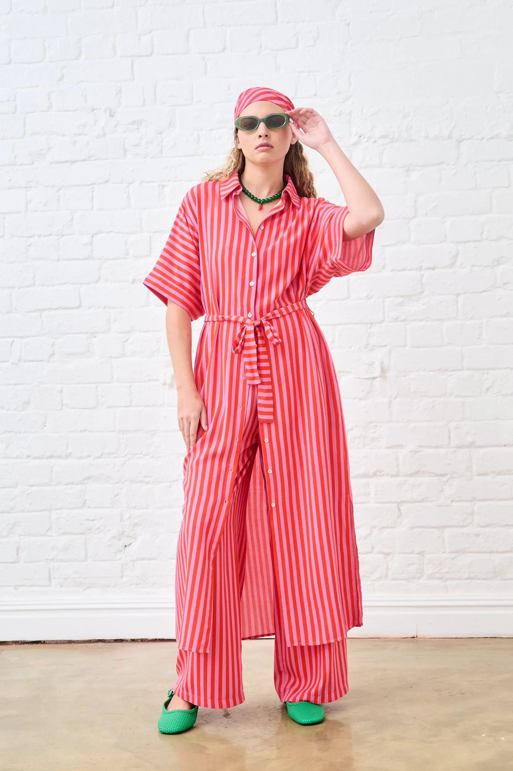 Parisian Chic TactileStitching Maxi Shirtdress in Pink and Red Stripe