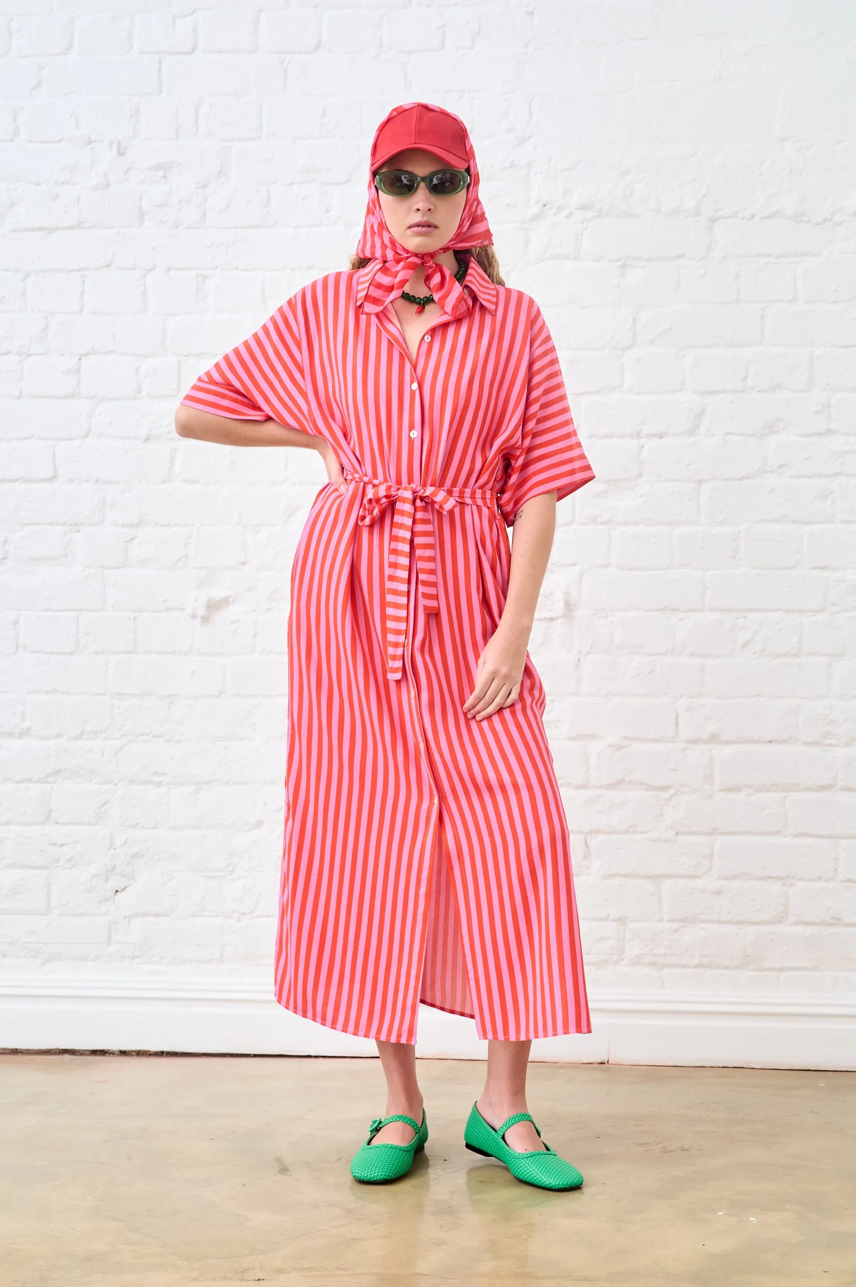 Maxi Shirtdress in Pink and Red Stripe Virtual Mode AntiFadeTechnology