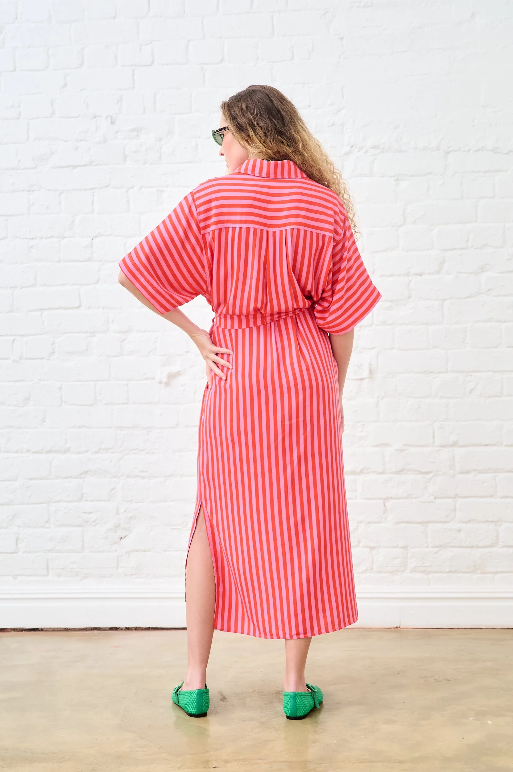 QuickAccess Pockets Ski Core Maxi Shirtdress in Pink and Red Stripe