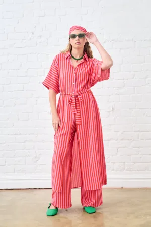 Parisian Chic TactileStitching Maxi Shirtdress in Pink and Red Stripe