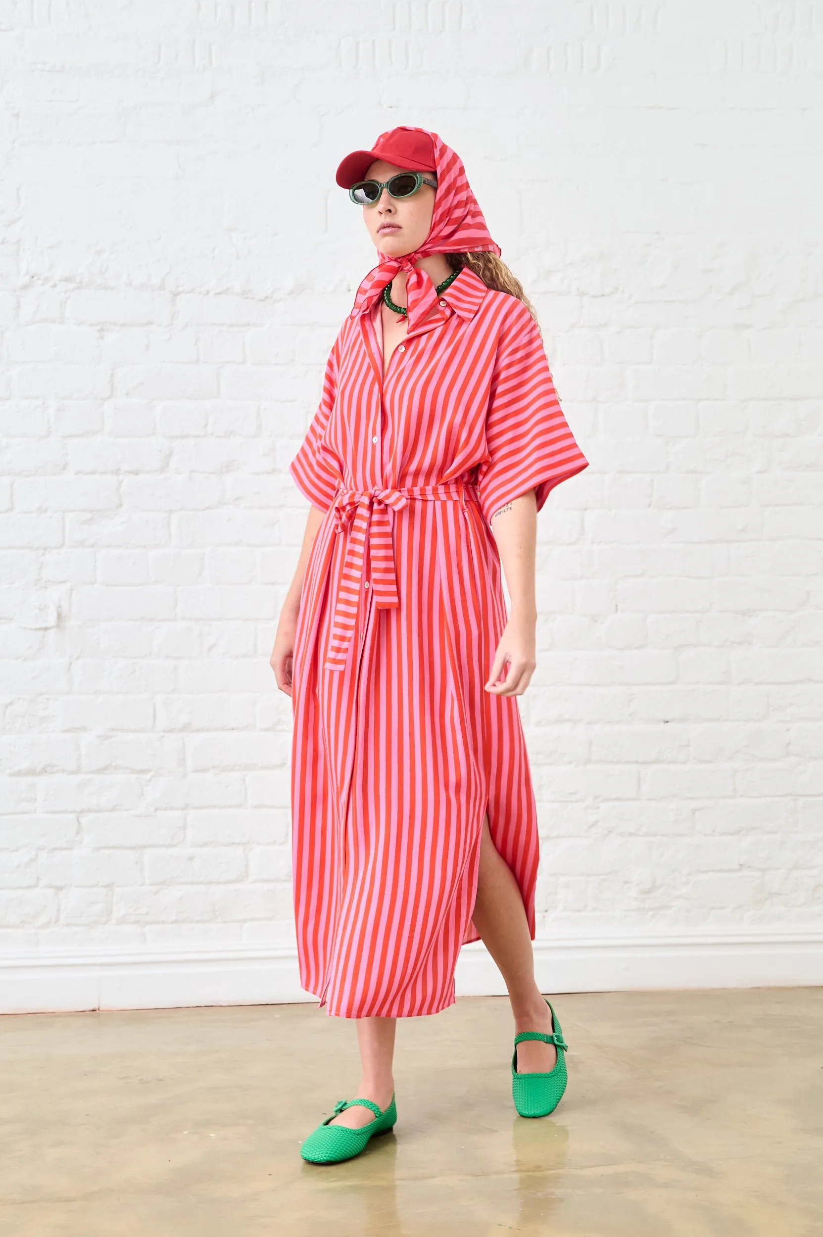 Maxi Shirtdress in Pink and Red Stripe Dance Flow Friend Vibe