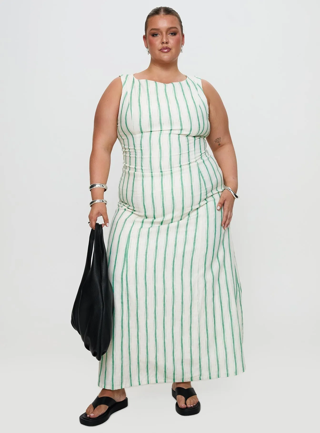Lewisa Maxi Dress Green Stripe Curve Earth Brown Dinner Date