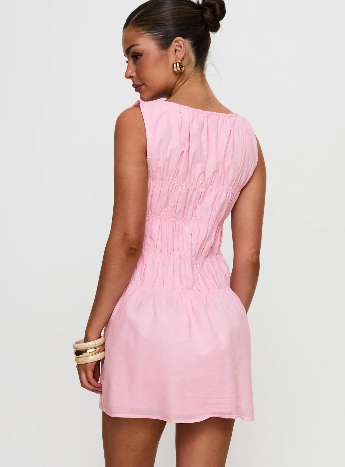 Evony Shirred Mini Dress Pink Scene Glow Classic cute short dress