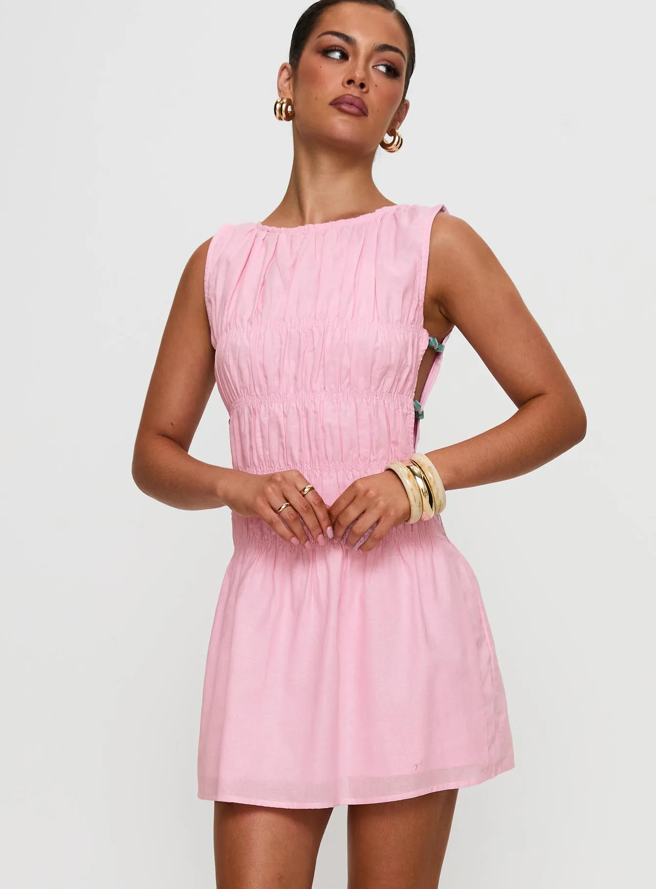Evony Shirred Mini Dress Pink Street Icon Comfort Fit