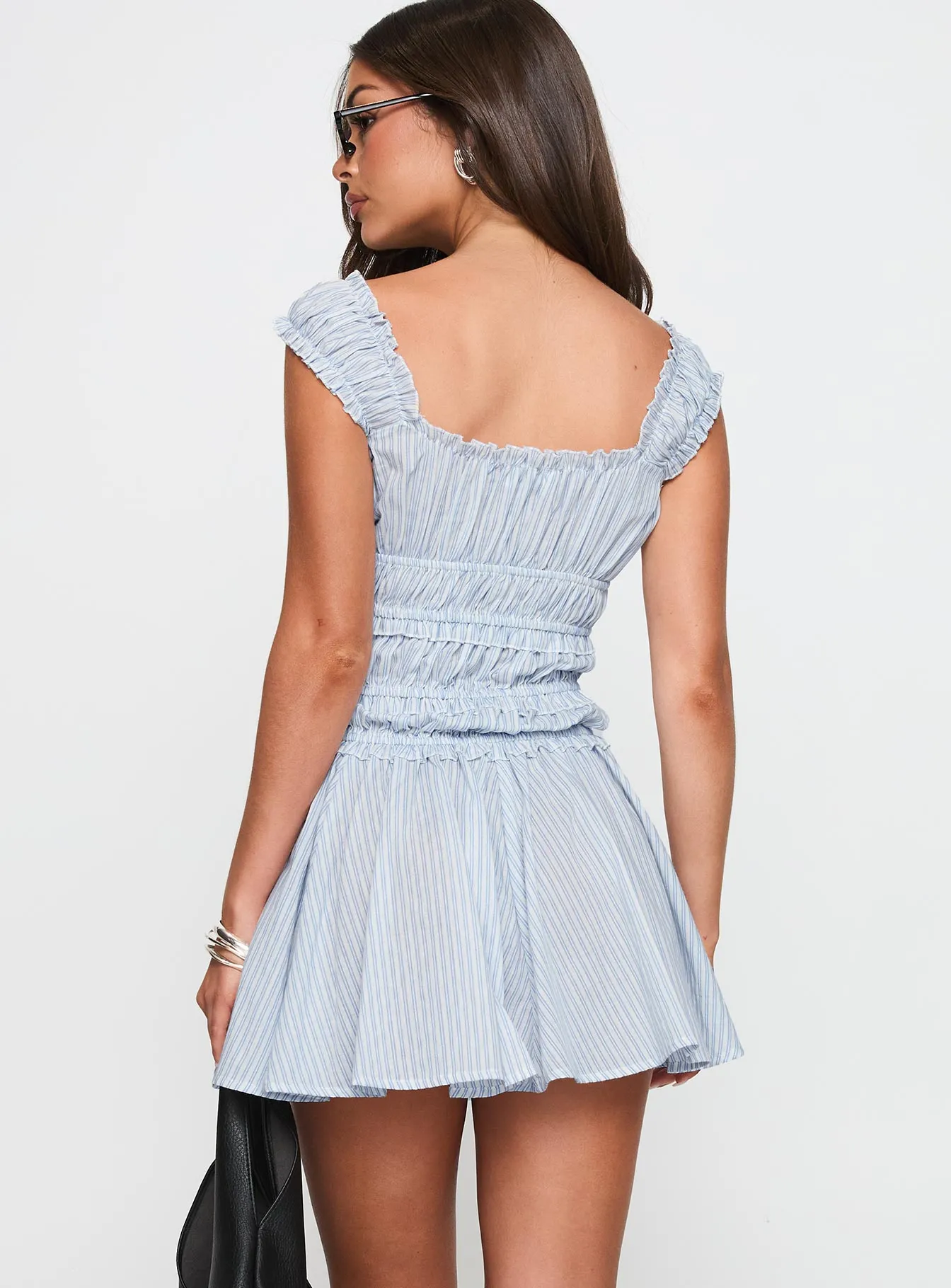 Wonderlust Shirred Mini Dress Blue Stripe Cozy Fashion