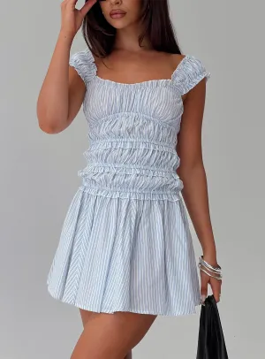 Wonderlust Shirred Mini Dress Blue Stripe Fashionable above-the-knee gown Chic Look
