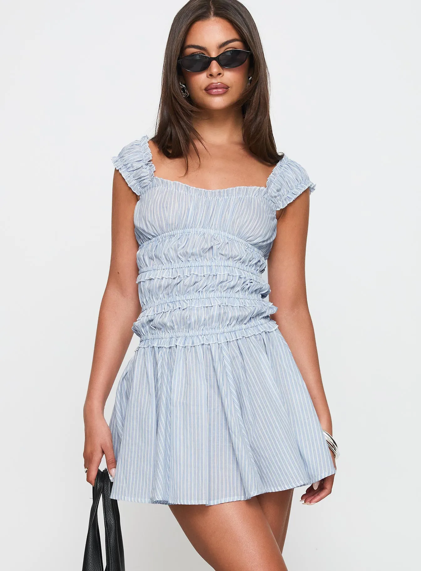 Wonderlust Shirred Mini Dress Blue Stripe Head Turn