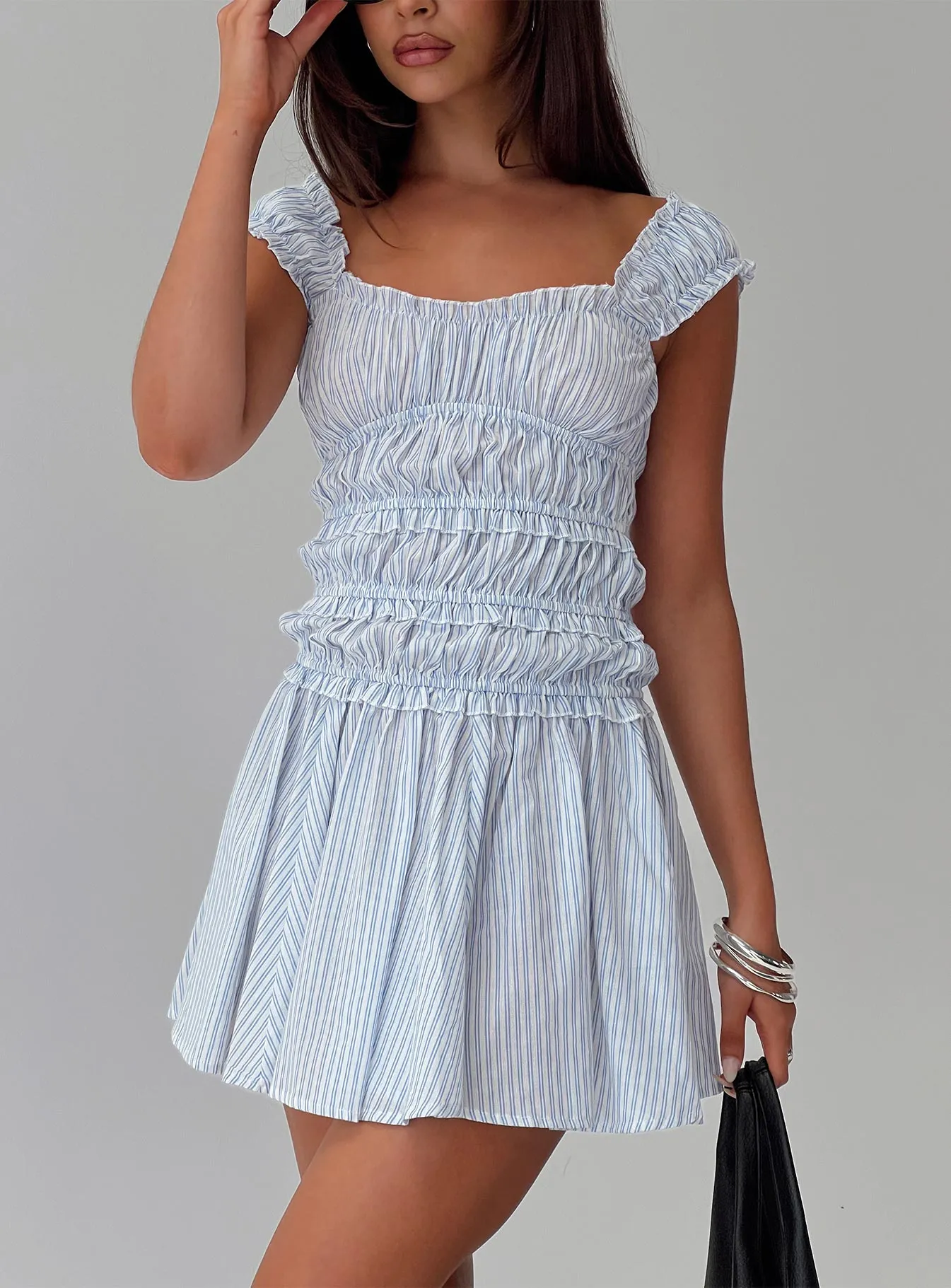 Wonderlust Shirred Mini Dress Blue Stripe Fashionable above-the-knee gown Chic Look