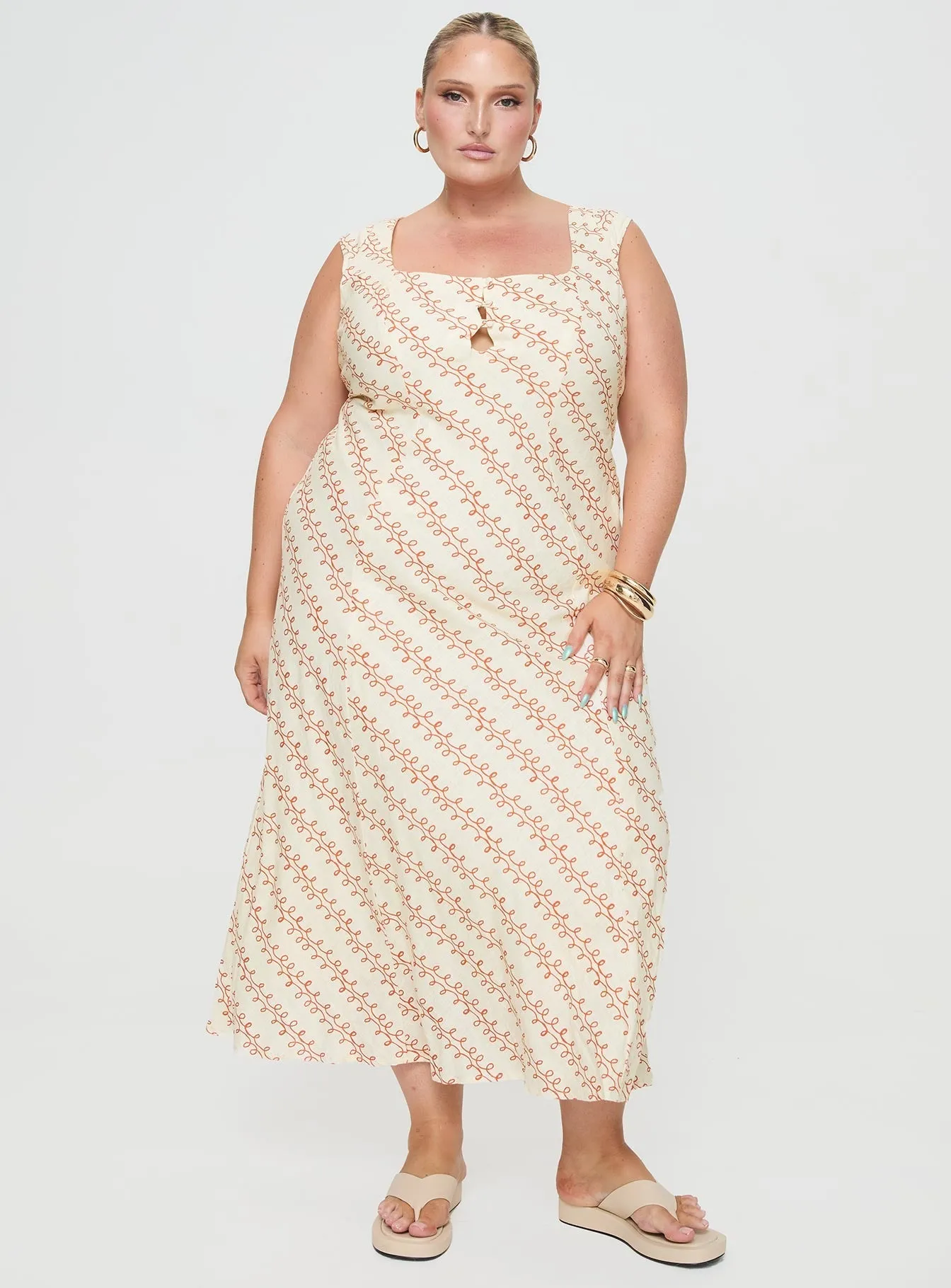Bronze Tone Twill Smooth Chosen Girl Linen Blend Maxi Dress Multi Curve