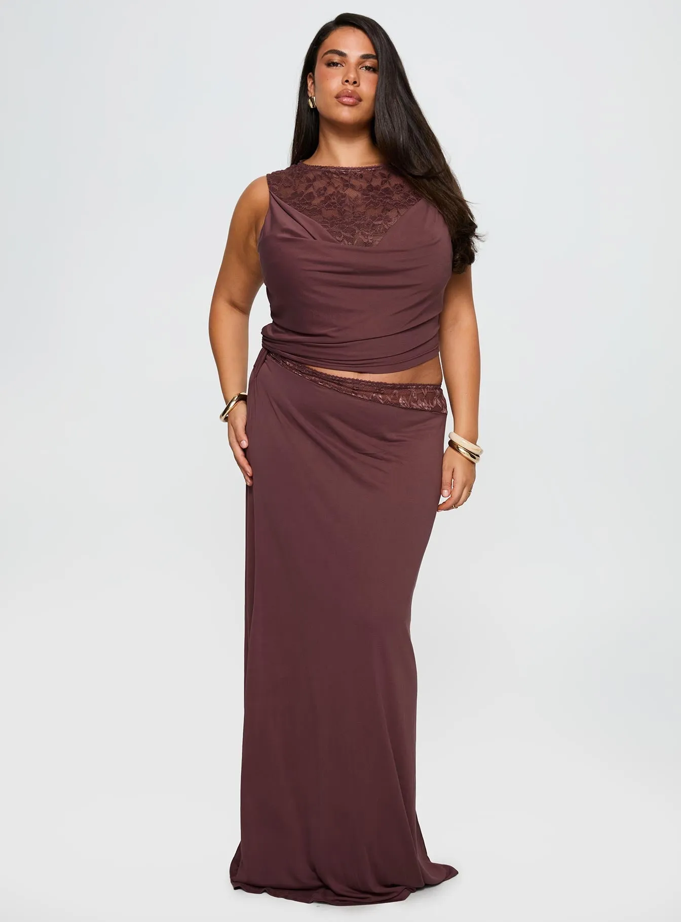 Moonlit Shore Bold Hue Vesperine Lace Maxi Dress Cocoa Brown Curve