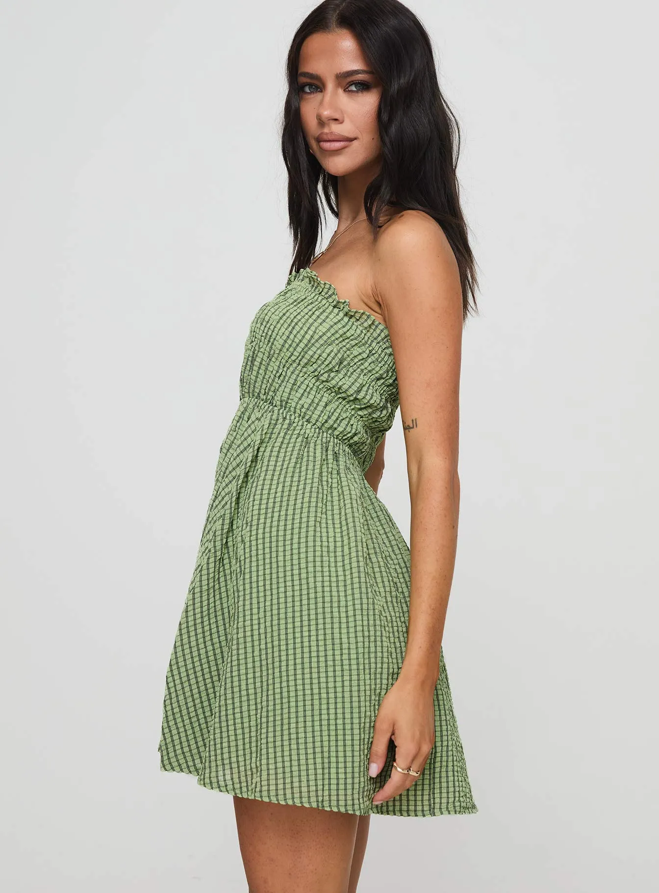 Paper Rings Strapless Shirred Mini Dress Green Check Edge Fresh
