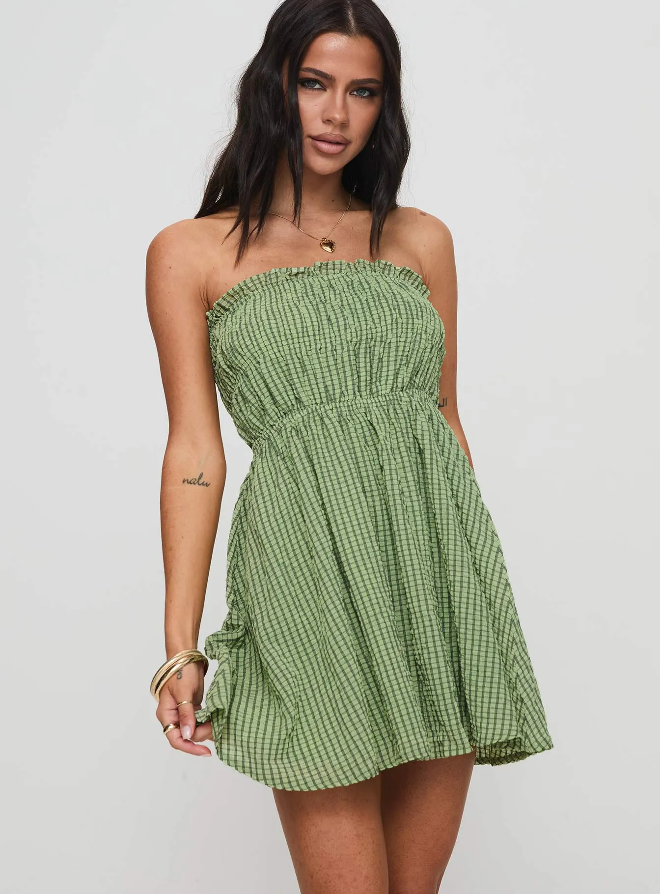 Paper Rings Strapless Shirred Mini Dress Green Check Stage Light Reinforced Stitching