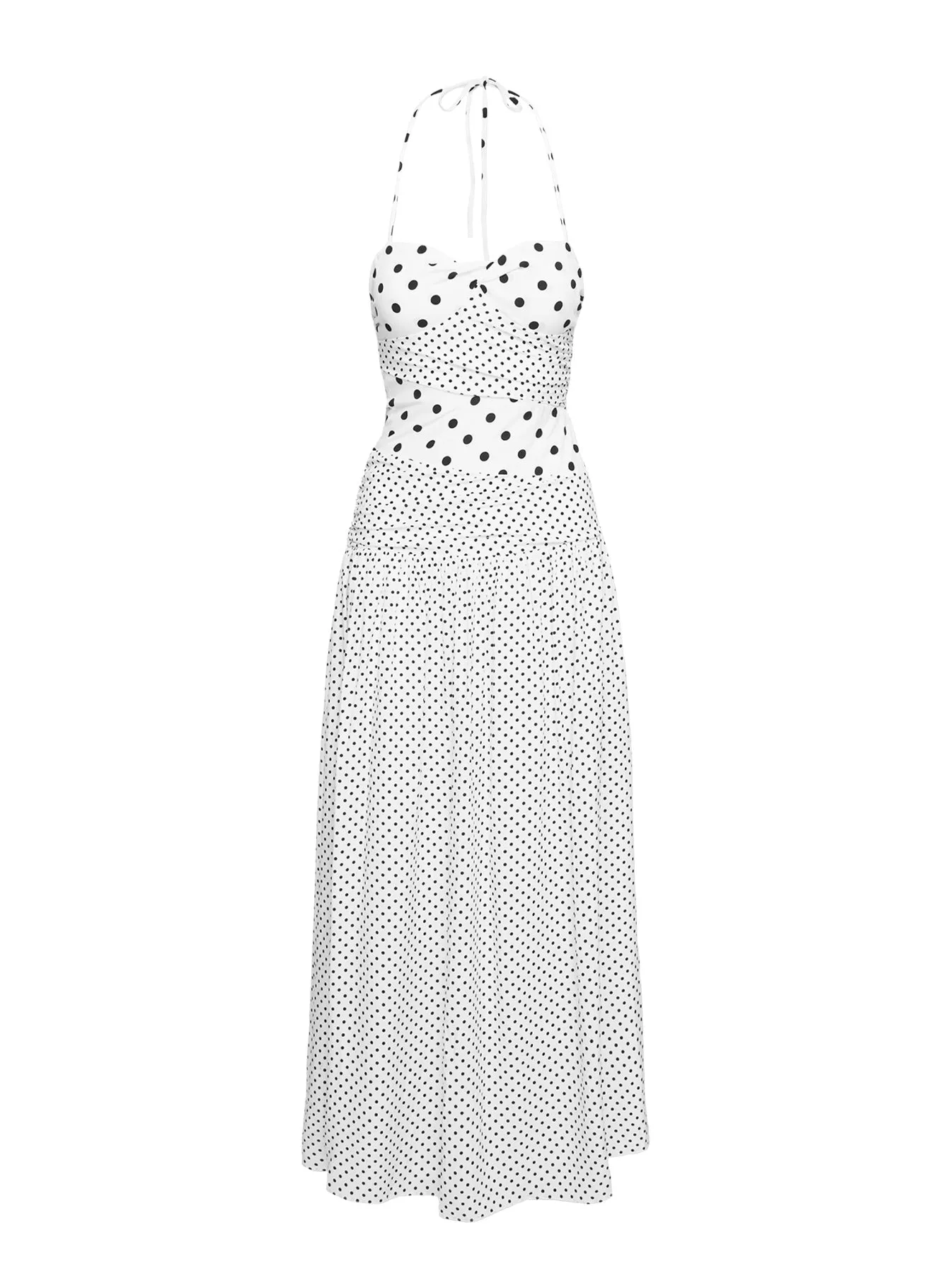 Ethereal Air Clay Glow Marguerite Halter Maxi Dress White Polka