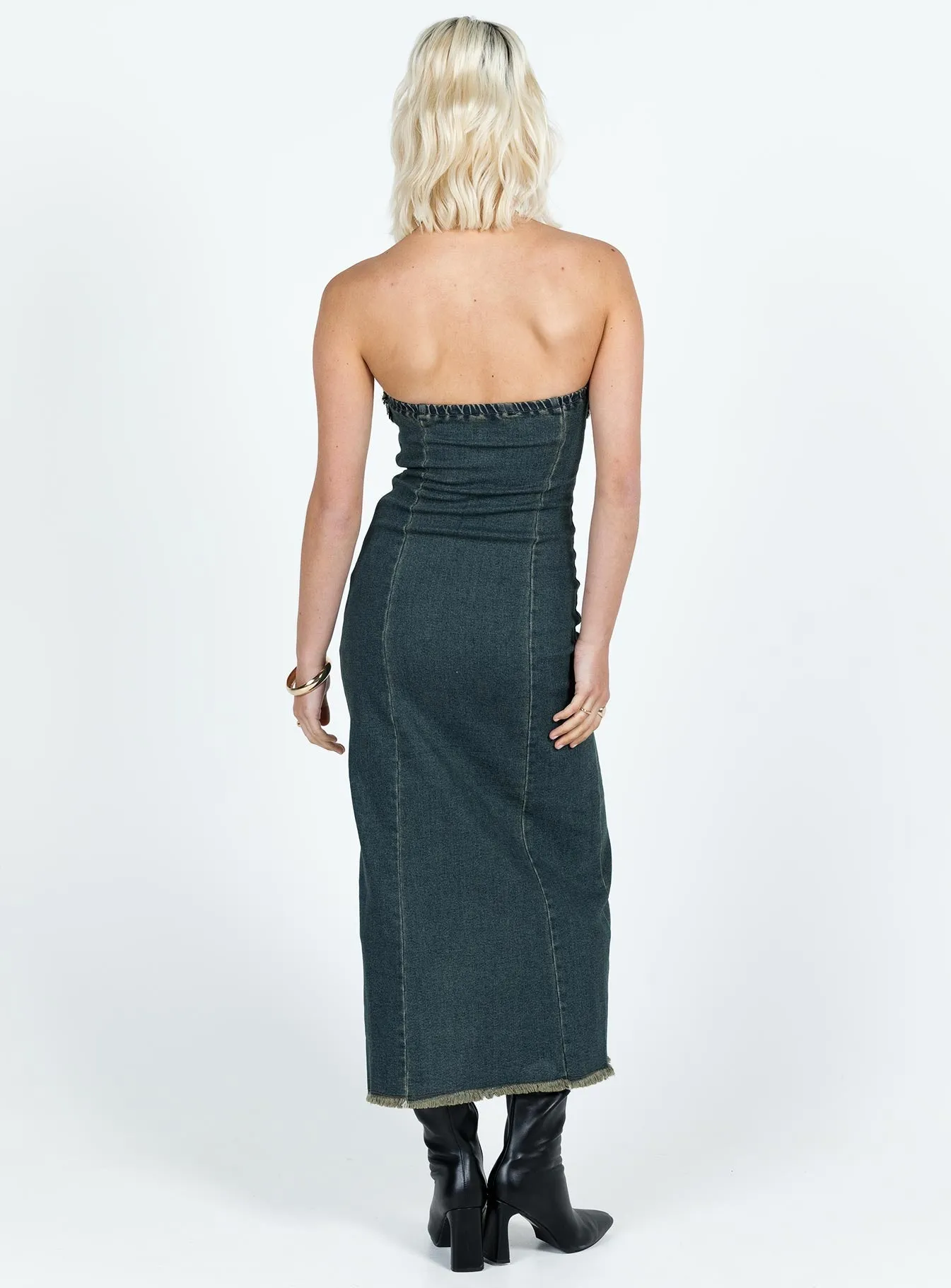 Olive Grove Atun Bandeau Maxi Dress Blue Acid Wash