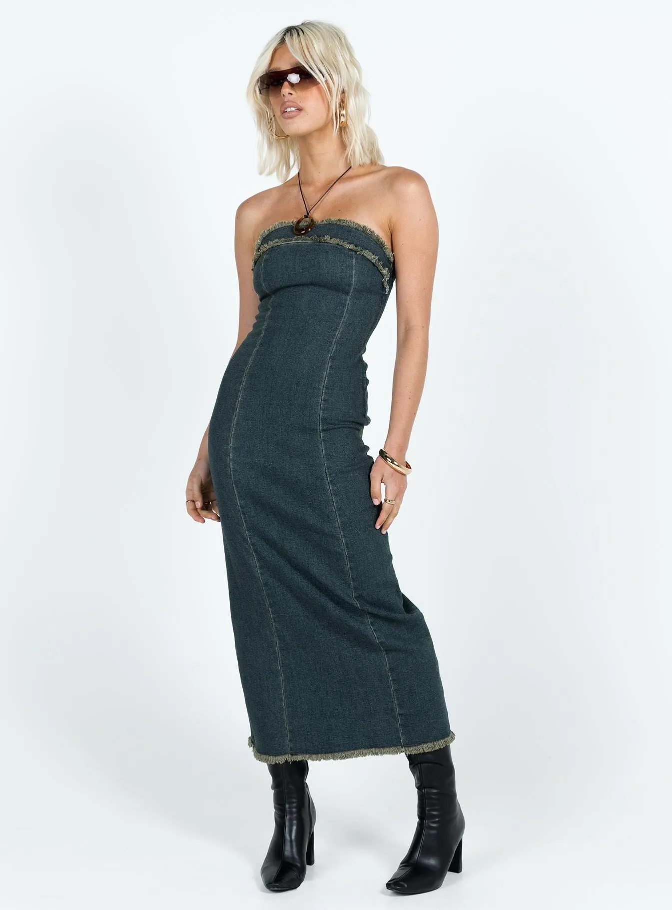 Canvas Glow Cherry Bloom Atun Bandeau Maxi Dress Blue Acid Wash