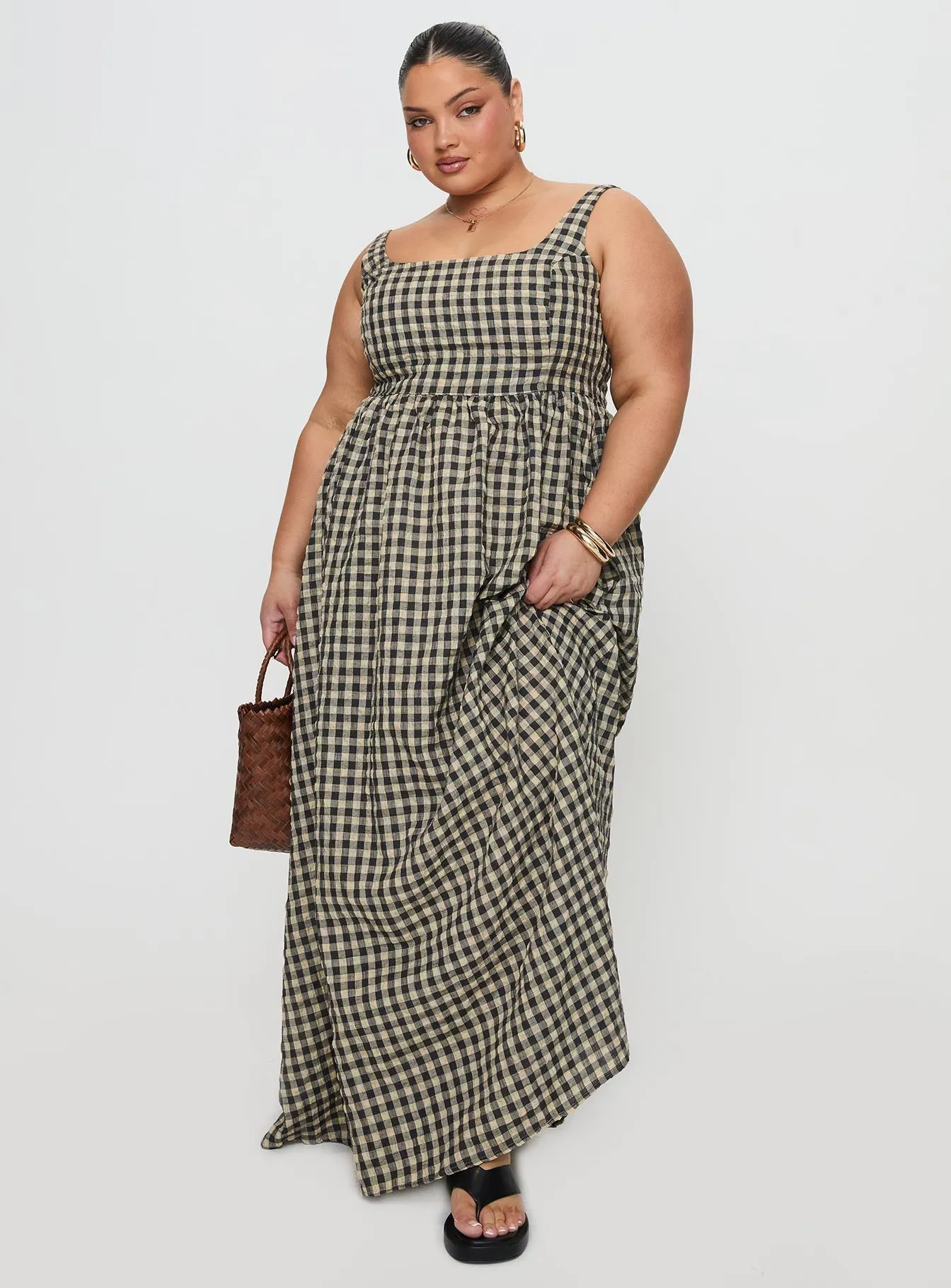 Cartmel Check Maxi Dress Black / Cream Curve Off Shoulder Tassel Glow