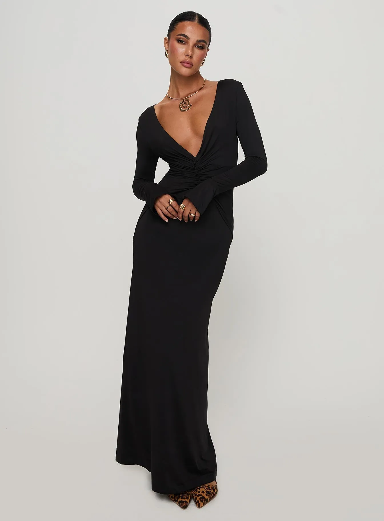 Lezure Plunge Long Sleeve Maxi Dress Black Party Ready Rail Glow