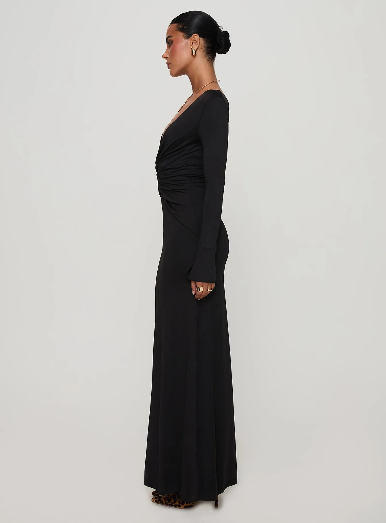 Lezure Plunge Long Sleeve Maxi Dress Black Star Light Sophisticated summer attire