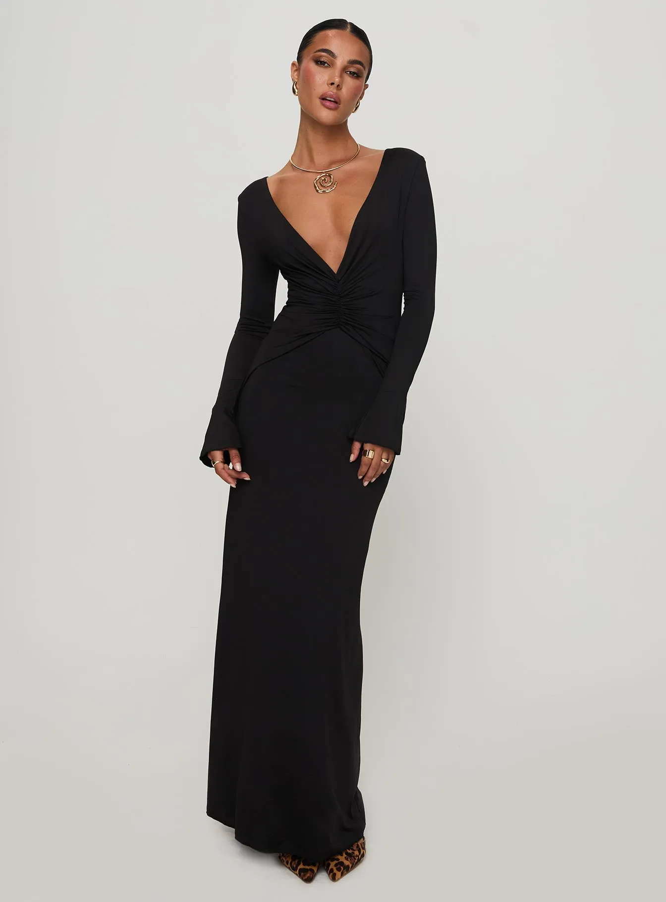 Lezure Plunge Long Sleeve Maxi Dress Black Wheat Field Fall Path