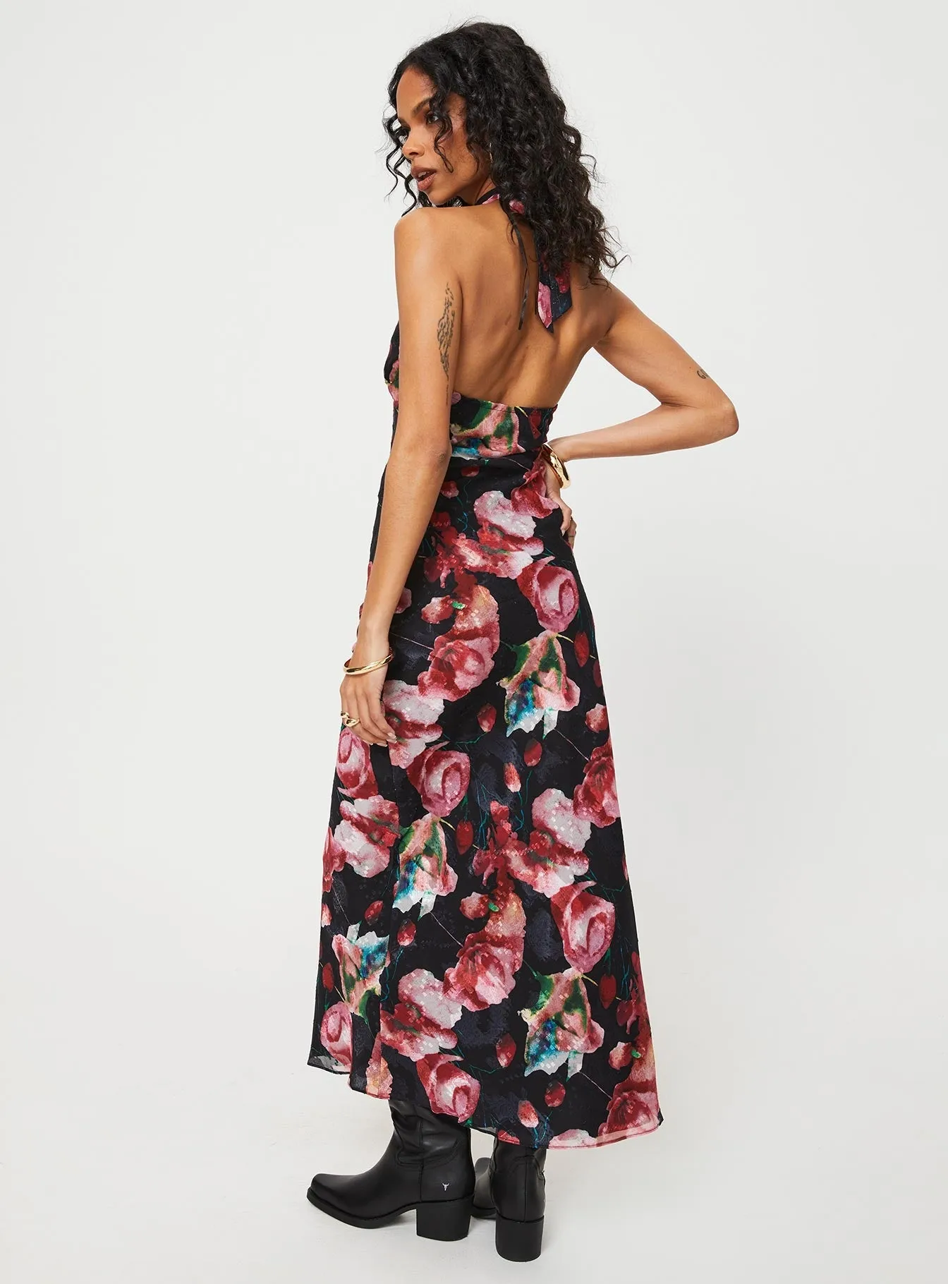 Rose Arch Moulin Halter Maxi Dress Black / Red Floral