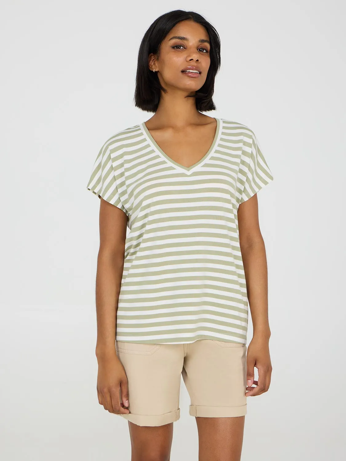 MachineWashable Fabric Striped V-Neck Dolman Sleeve T-Shirt