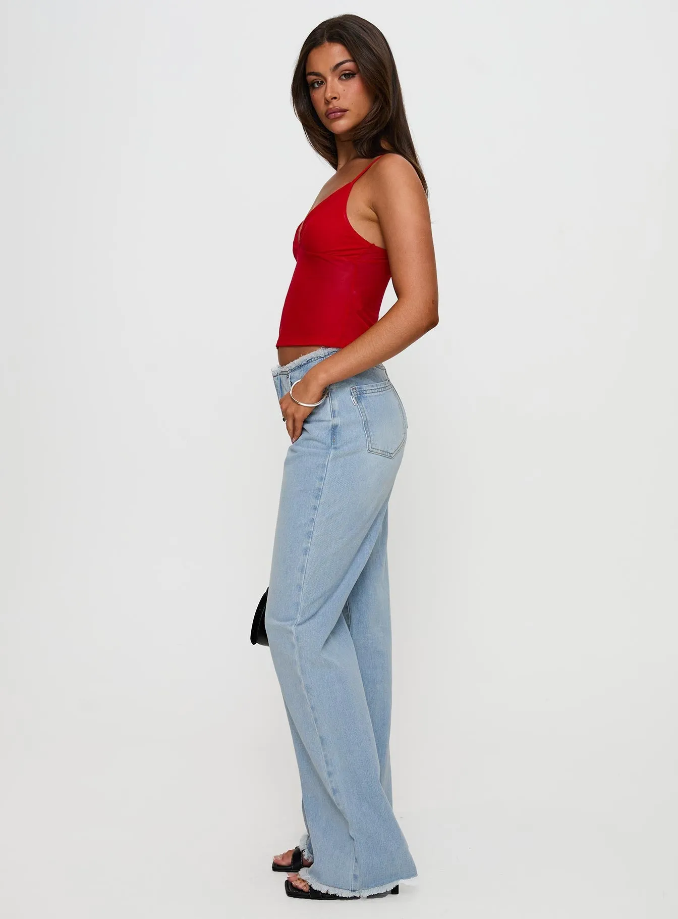 Neutral Fabric Hawke Frayed Mid Rise Straight Leg Jeans Mid Blue
