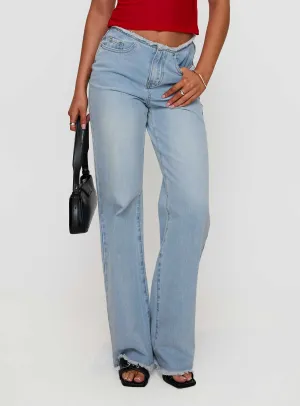 Hawke Frayed Mid Rise Straight Leg Jeans Mid Blue Street Fashion