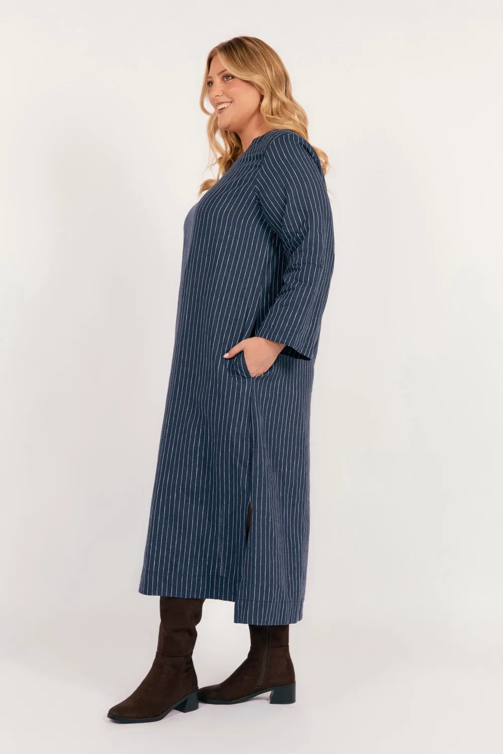 Jarla Linen Midi Dress in Pinstripe Comfy Elegance Plus Fit