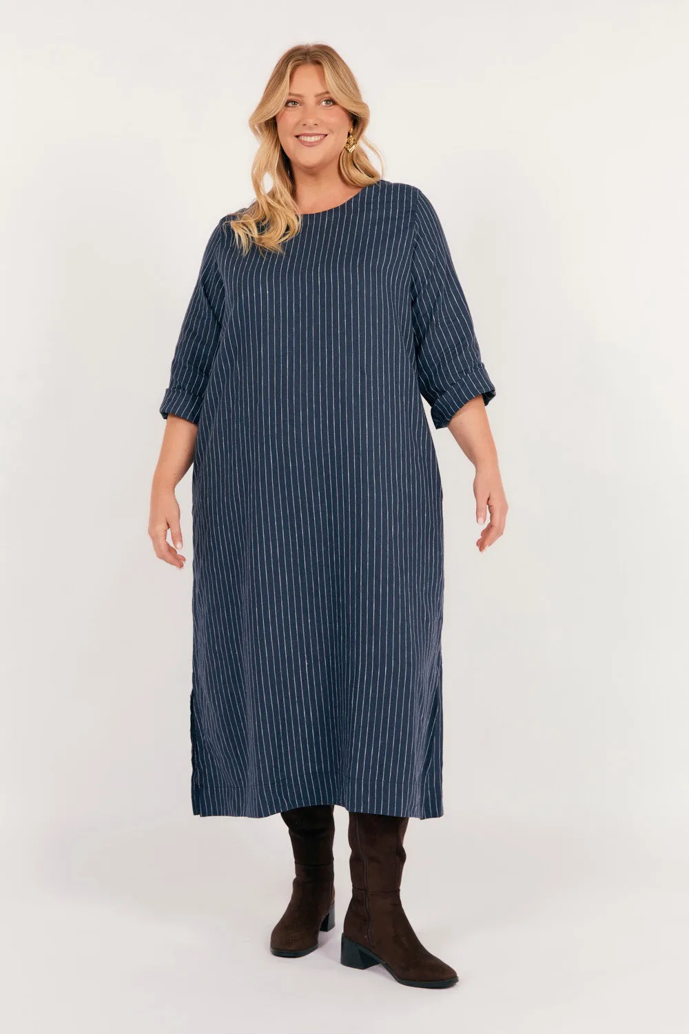 Jarla Linen Midi Dress in Pinstripe Chic For Work family gathering