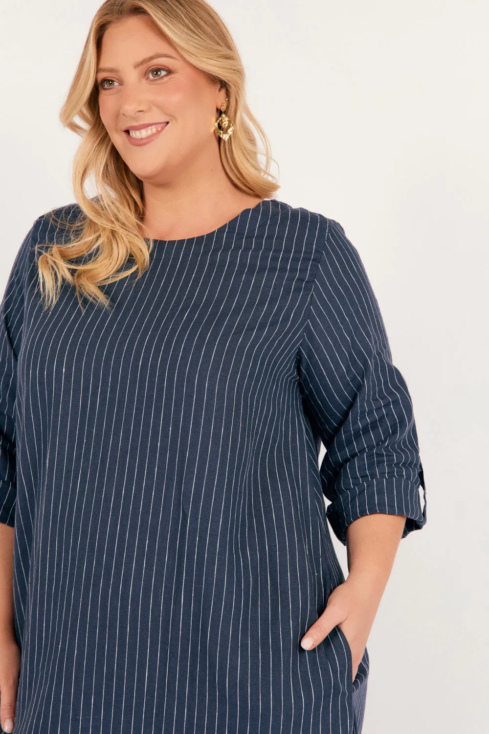 Jarla Linen Midi Dress in Pinstripe Elegant Details