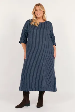Jarla Linen Midi Dress in Pinstripe Timeless silhouette