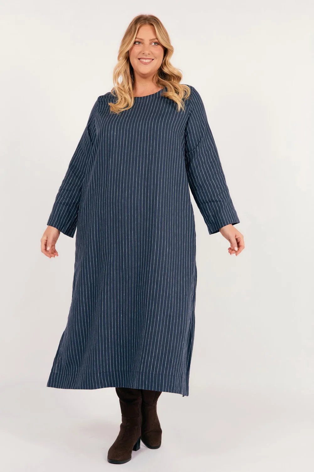 Jarla Linen Midi Dress in Pinstripe Maternity Look