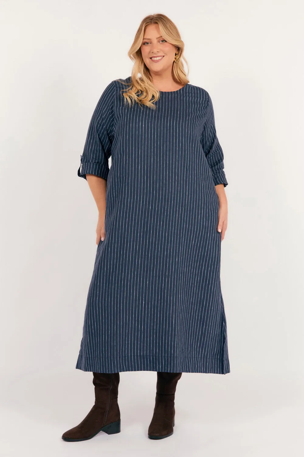 Jarla Linen Midi Dress in Pinstripe Timeless silhouette