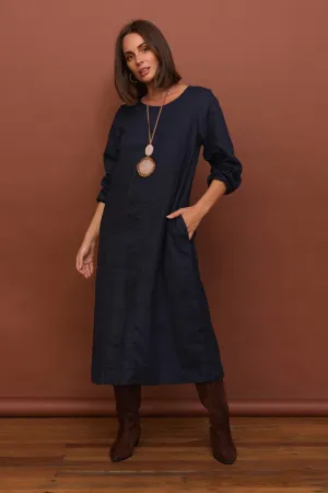 Hazel Linen Midi Dress in Navy All Day Wave Touch