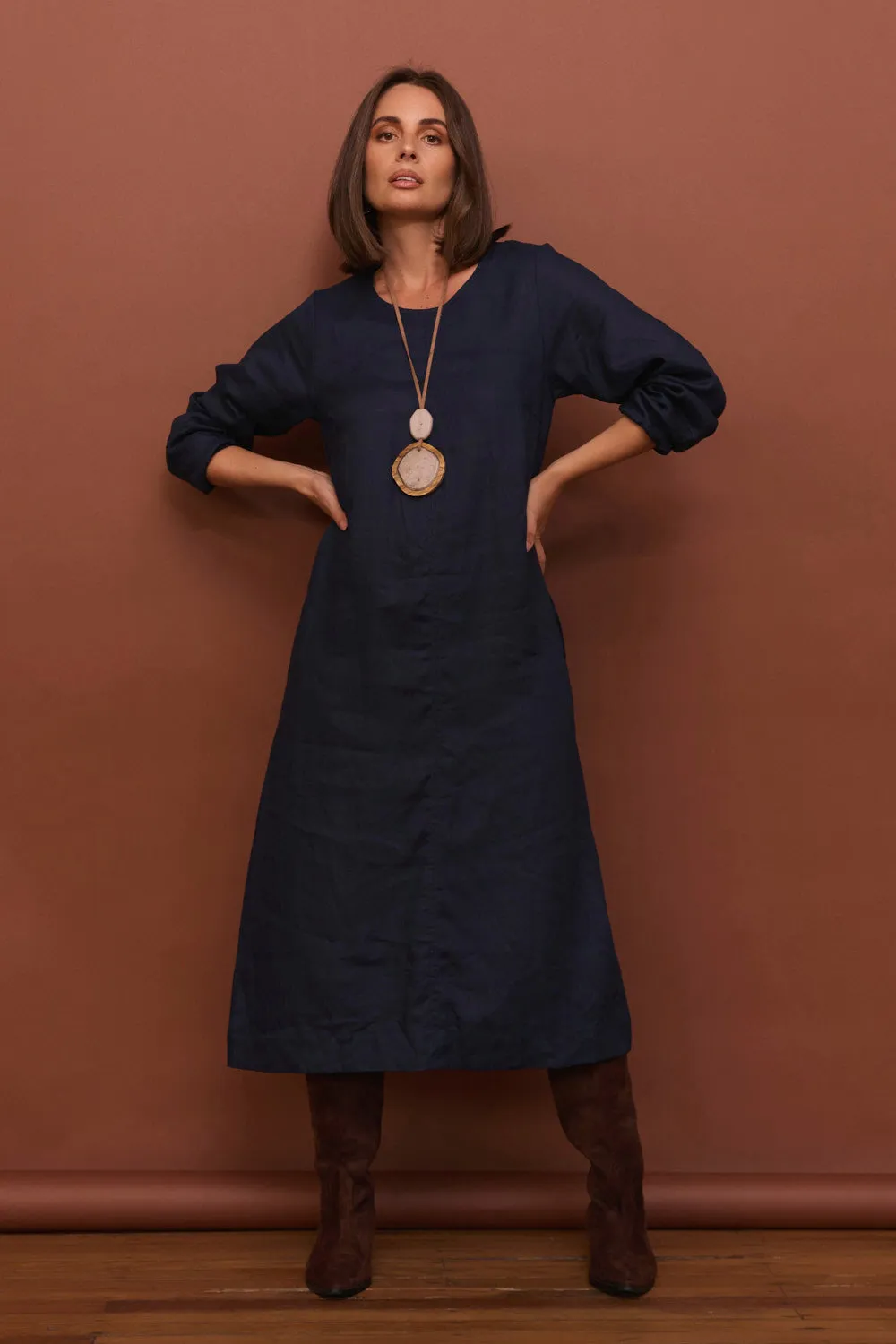 british retro Evening Glam Hazel Linen Midi Dress in Navy