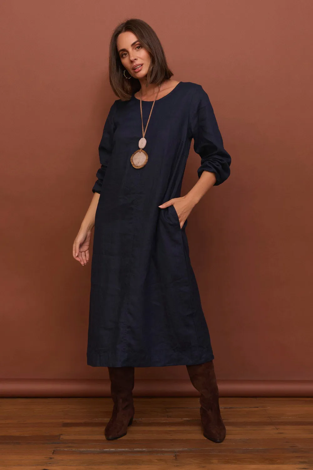 Hazel Linen Midi Dress in Navy All Day Wave Touch