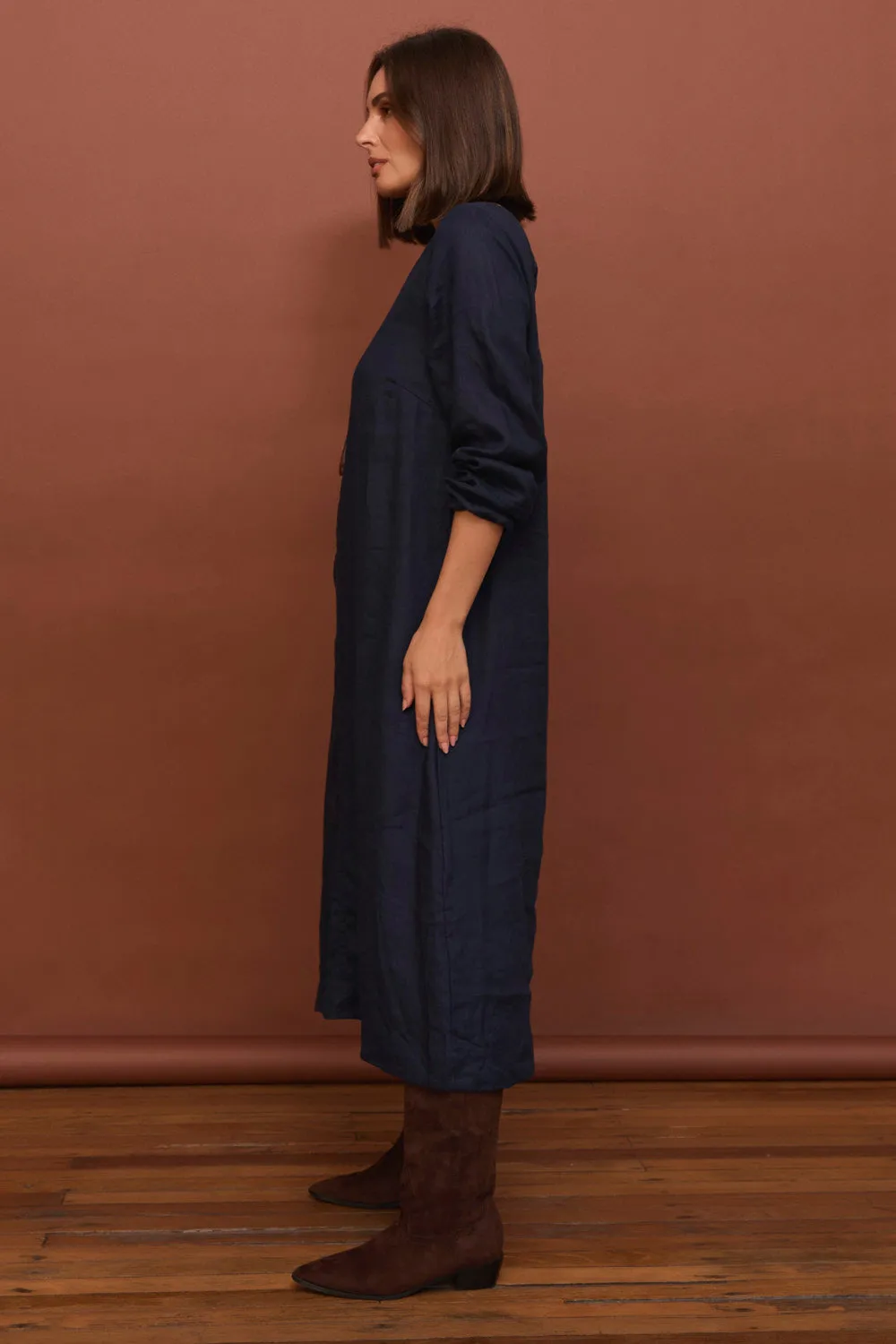 Hazel Linen Midi Dress in Navy Lightweight and breezy gown Perfect holiday dress