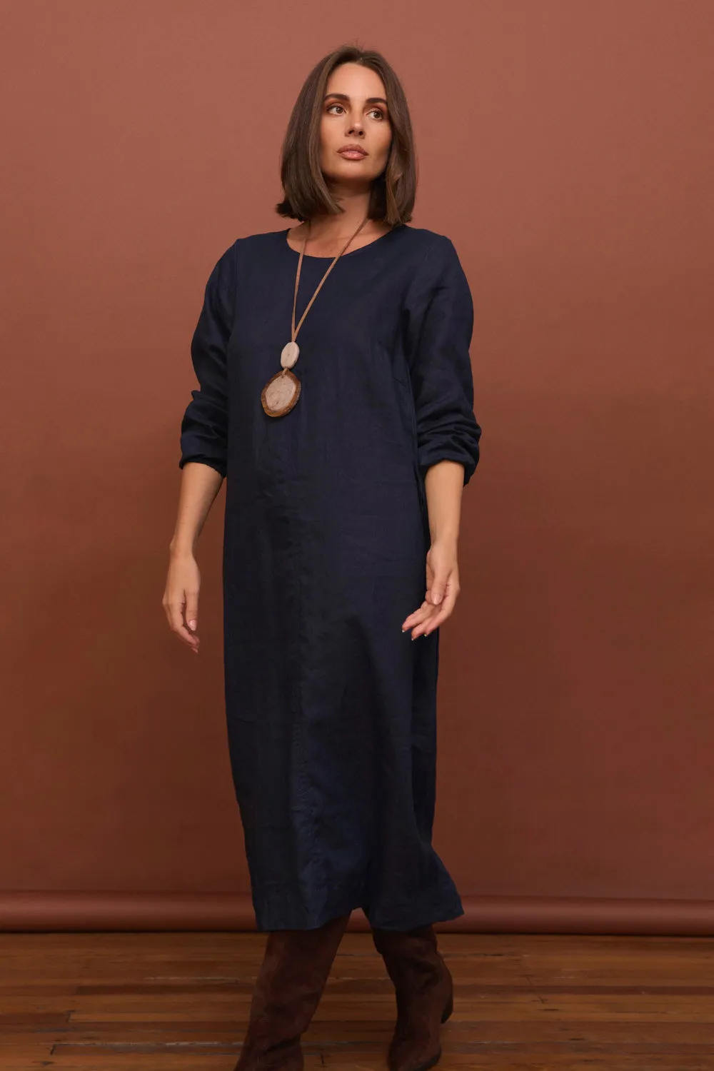 Southern Belle Stylish dress for gatherings Hazel Linen Midi Dress in Navy
