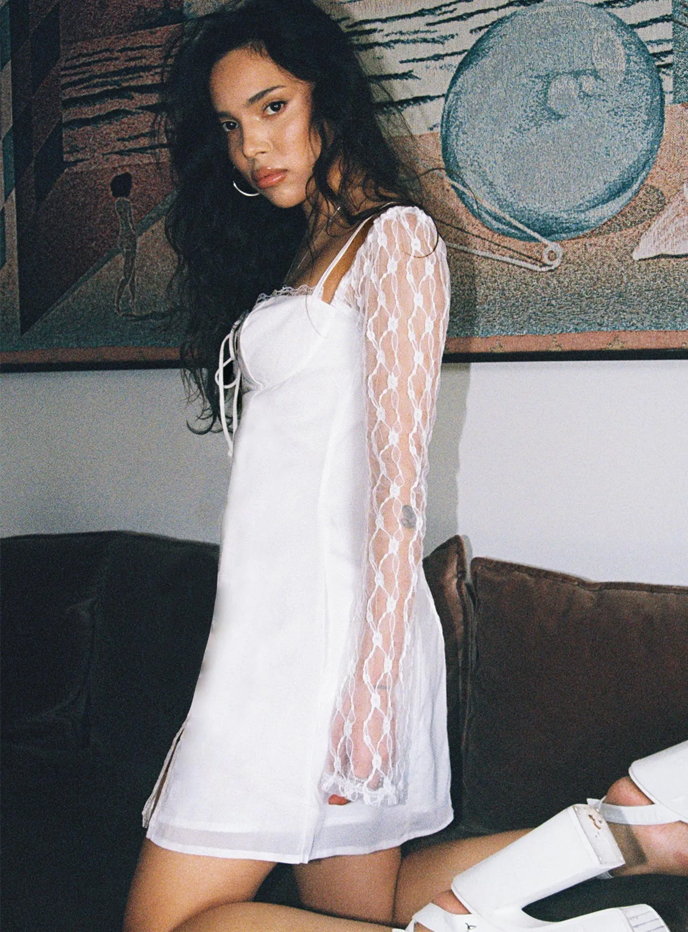 Smooth Elastic Ashwood Lace Sleeve Mini Dress White Petite