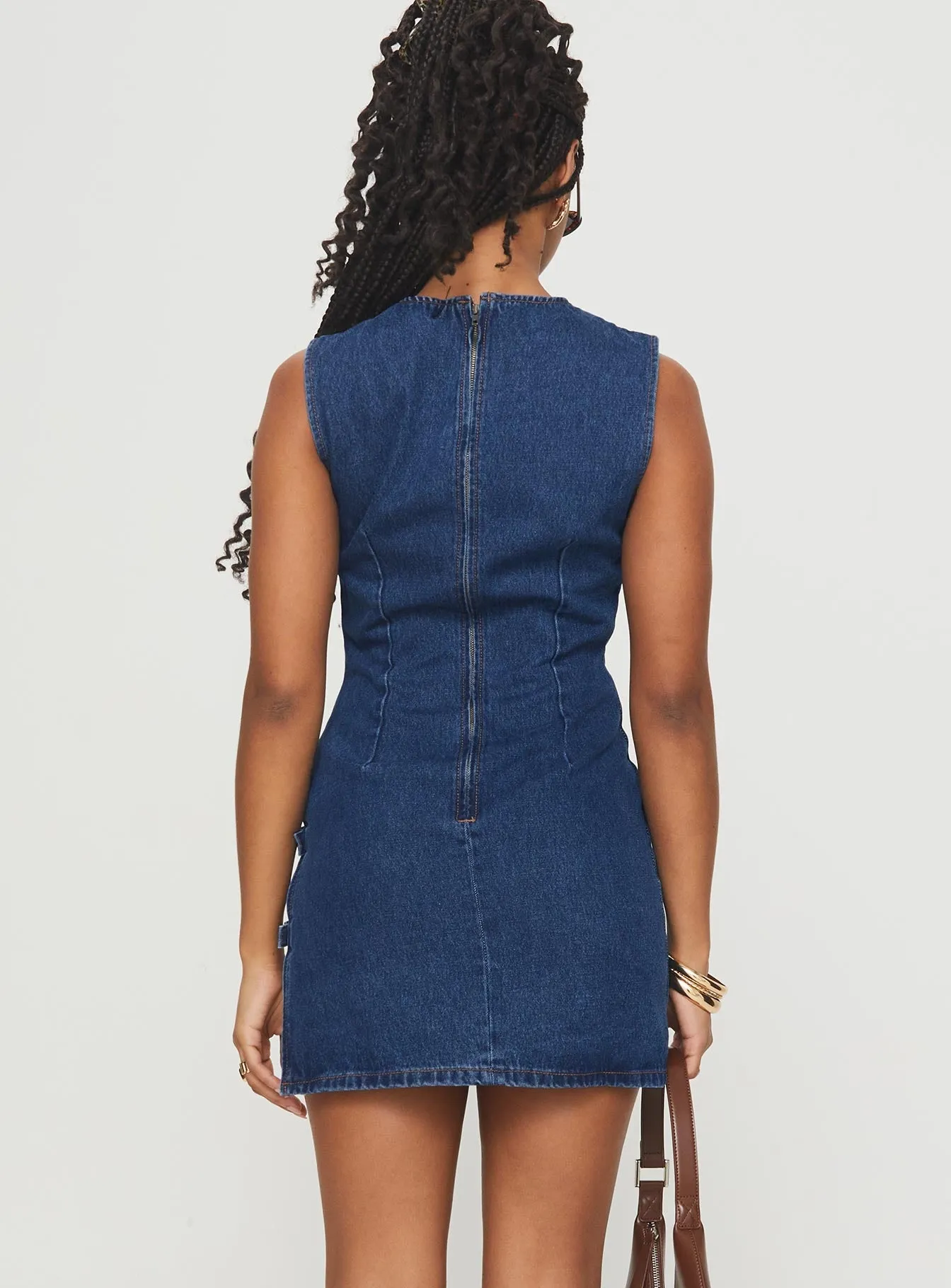 Eilein Sculpted Denim Mini Dress Dark Wash Youthful Appeal No Slip Grip