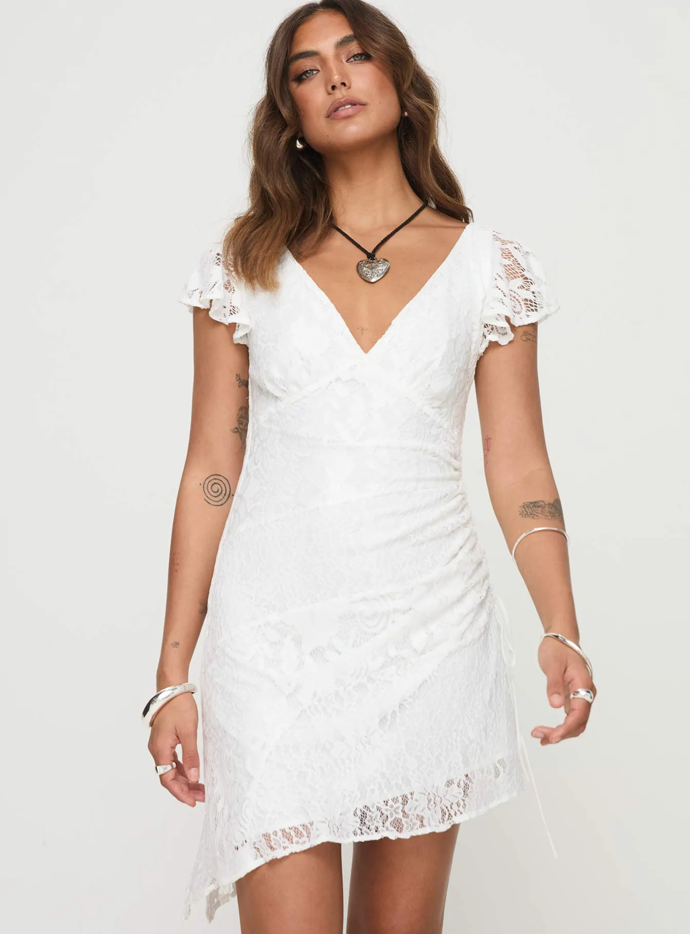 Butterfly Sleeve Option Fashionable date night outfit Ramallo Lace Mini Dress White