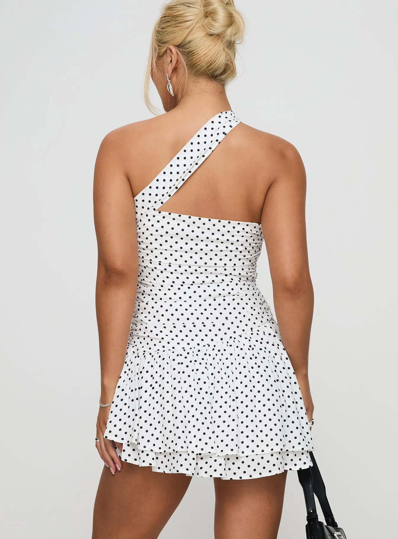Escapades One Shoulder Mini Dress White / Black Polka Modern Edge Party Proof