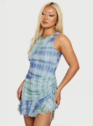 Playful fabric mini dress Timelapse Asymmetrical Splice Mini Dress Blue / Green Plaid