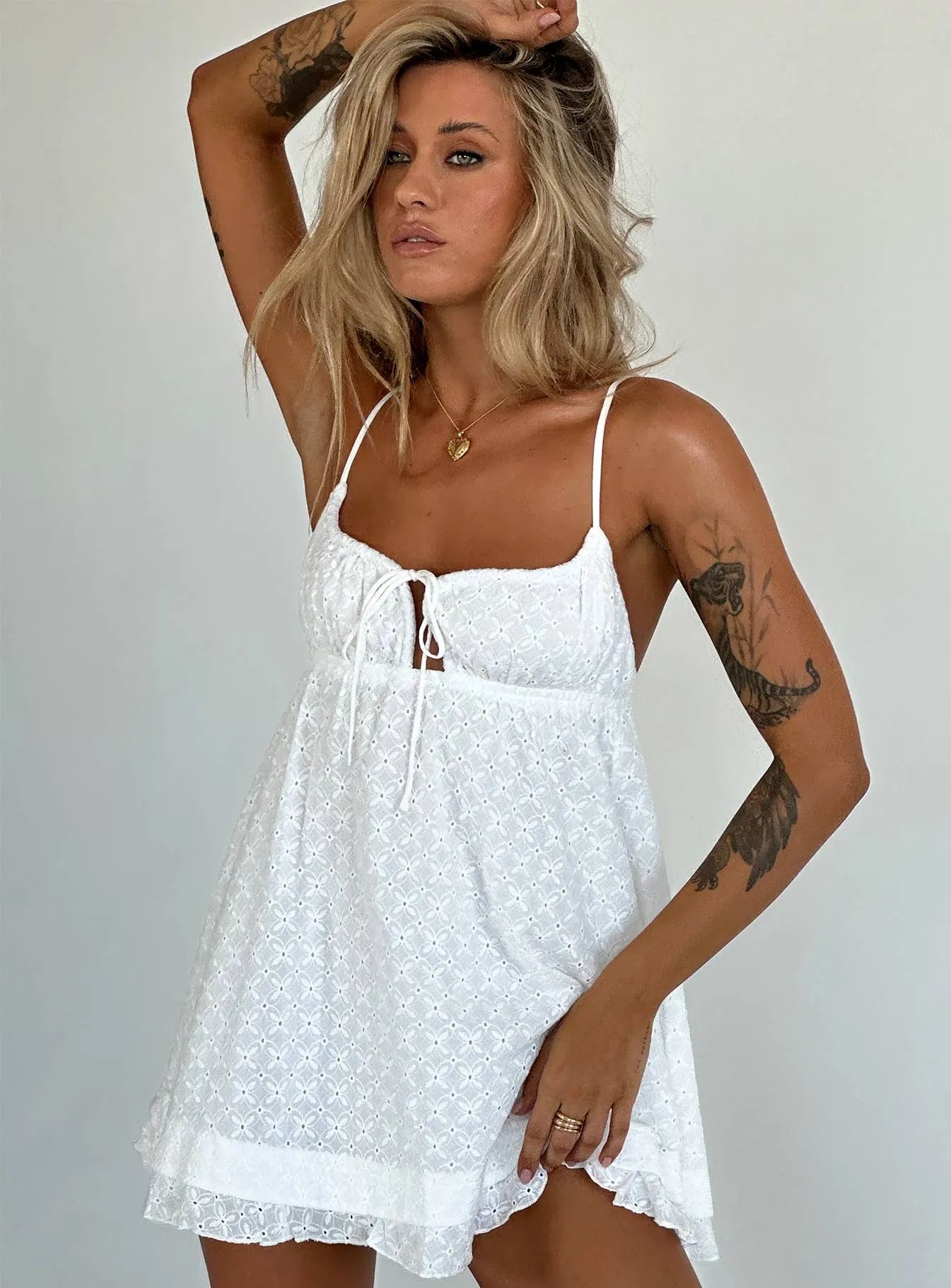 Empress of Love Mini Dress White Embroidery Cut Edge Street Glam