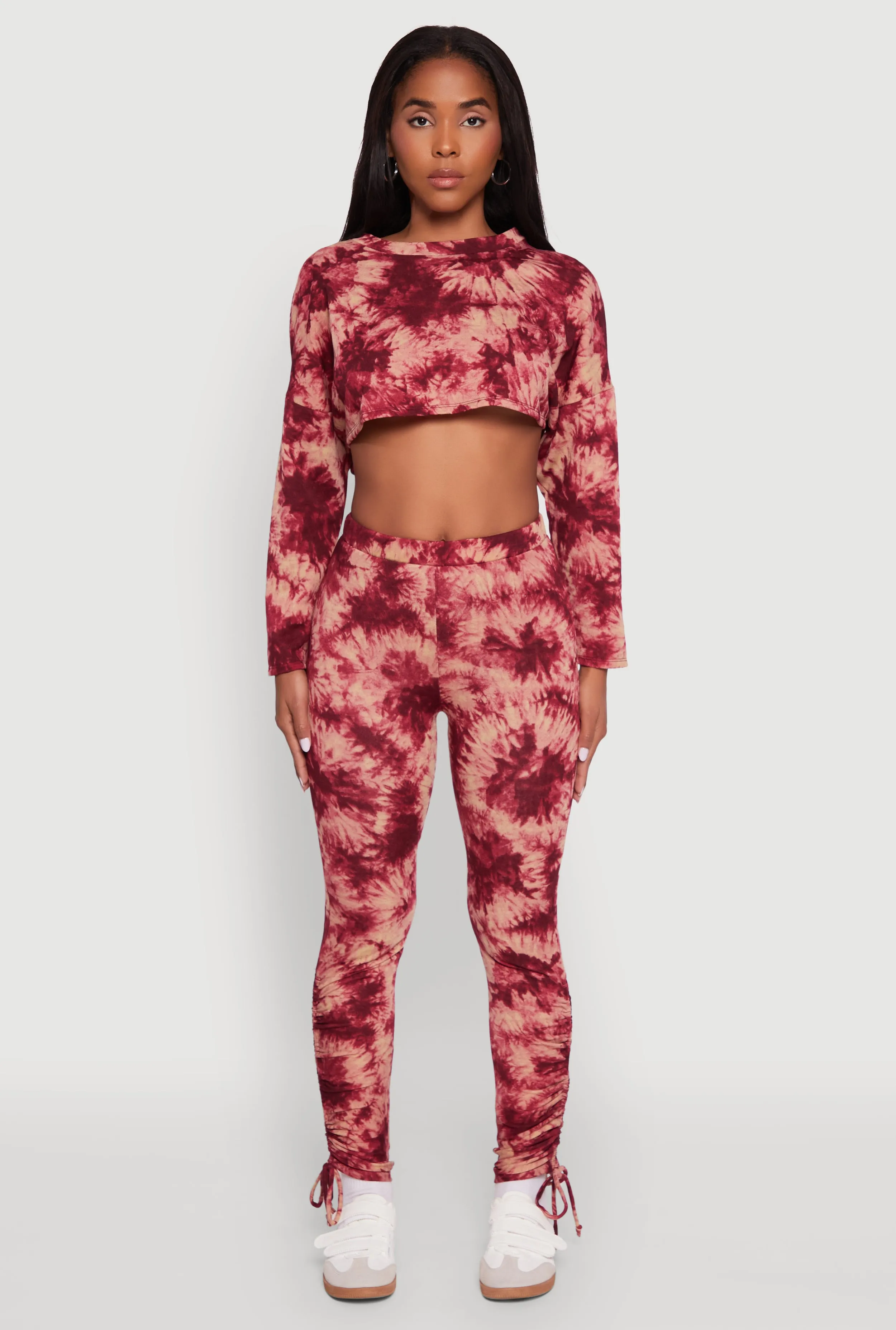 Soft Form Reinforced Stitching High Waisted Tie Dye Fleece Leggings with Drawstring Side